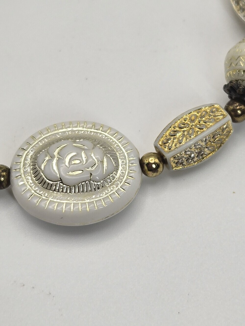 Gold And White Rose Bead Bracelet With Clasp Handmade Artisan Jewelry - Picture 2 of 5